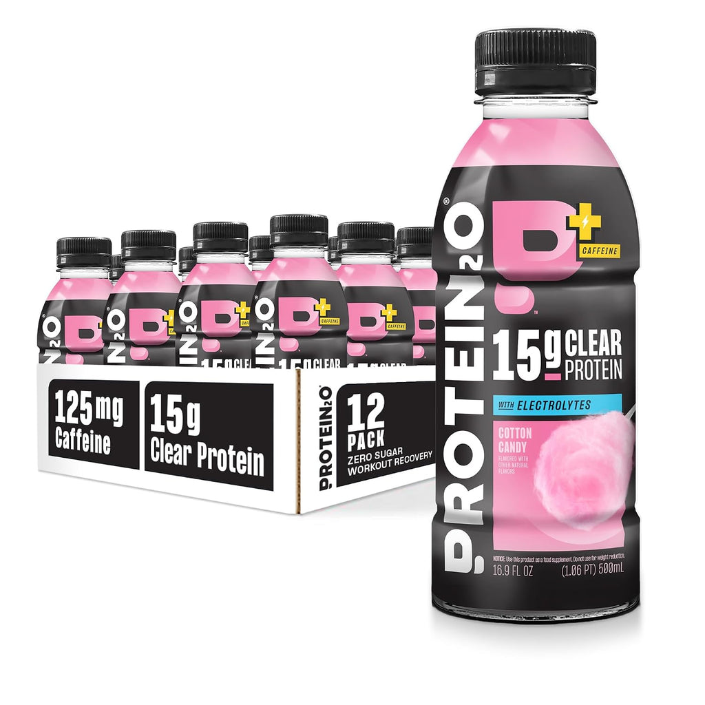 Protein2o 15g Whey Protein Isolate Hydration Drink Plus Energy & Focus, 350mg of Electrolytes, Vitamins B5 & B6, Sugar Free, Cotton Candy, 16.9 oz Bottle (Pack of 12)