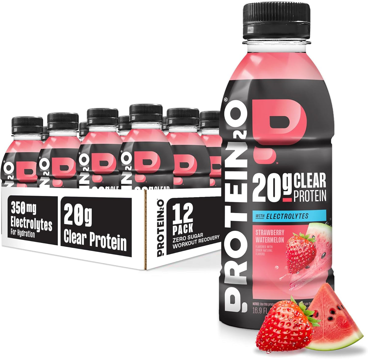 Protein2o Hydration Drink - 2-in-1 Liquid Clear Whey Protein Isolate and Electrolyte Drink - 20g Protein, Vitamins B5, B6 - Post-Workout Recovery - 16.9 Fl Oz - 12 Count Strawberry Watermelon