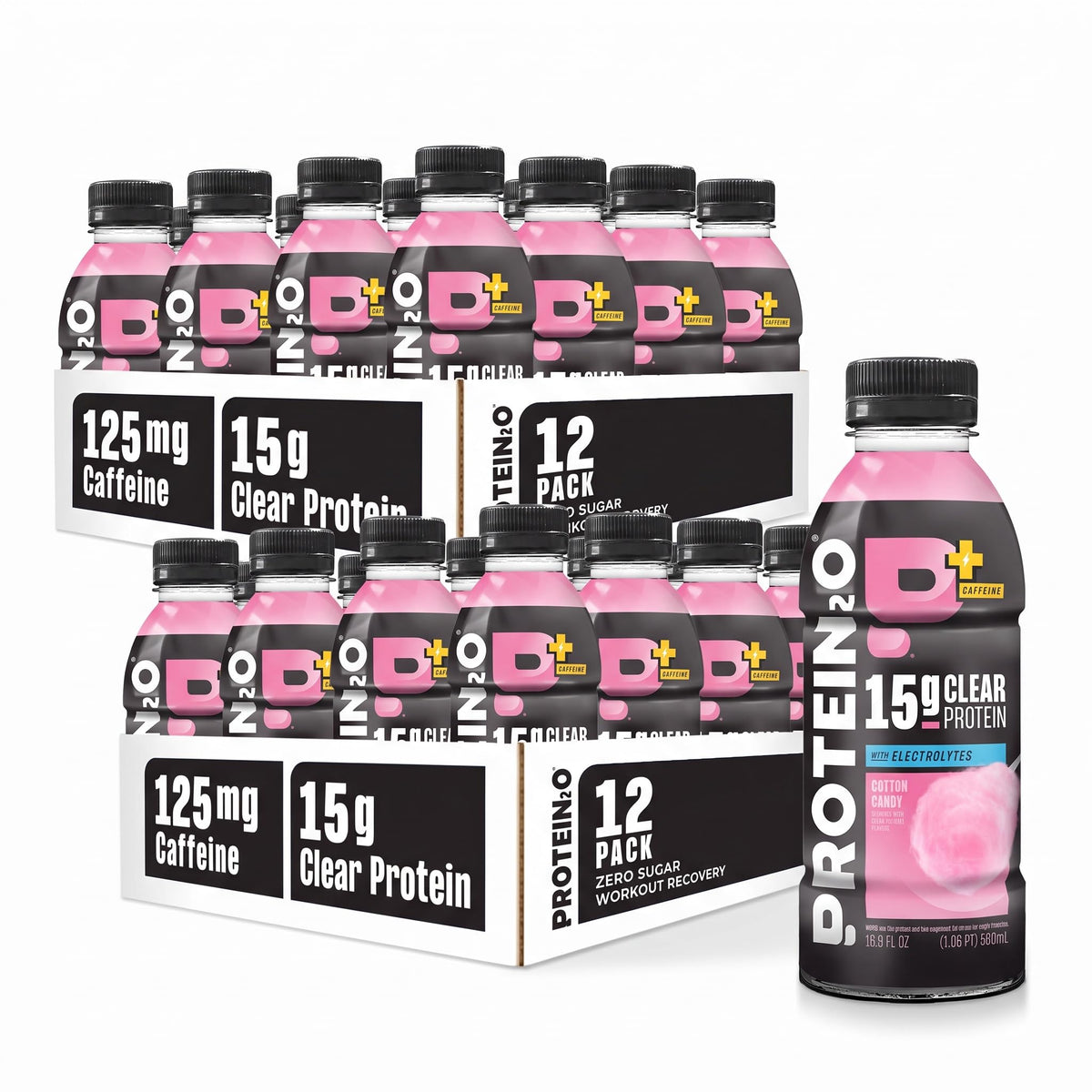 Protein2o 15g Whey Protein Isolate Hydration Drink Plus Energy & Focus, 350mg of Electrolytes, Vitamins B5 & B6, Sugar Free, Cotton Candy, 16.9 oz Bottle (Pack of 12)
